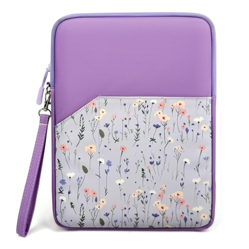 Image of MOCA Universal 7-8 Inch Tablet Sleeve Case, Polyester Protective Cover with Zipper and Wrist Strap, Compatible with Kindle, iPad mini, Samsung, Lenovo Tablets (Floral Purple, 7-8 inch)