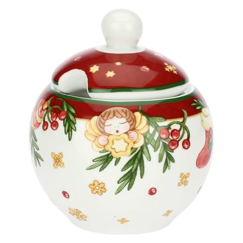 THUN, Zuccheriera con Cucchiaino in Porcellana, Collezione Sorprese di Natale, Set per Casa e Cucina, Idea Regalo per Natale, Zuccheriera Ø 10.5 cm, 10 cm h, Cucchiaino 13 cm