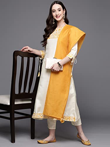 Image of INDO ERA Women's Pure Cotton Floral Printed A-line Kurta Palazzo with Dupatta Set (ERERE2455 Off White XS to 2XL-Size)