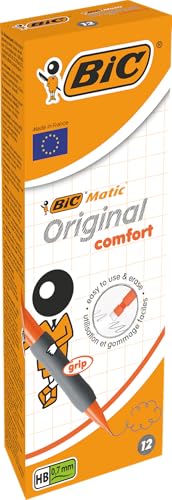 BIC Matic Original Comfort, Porte-mines avec mine HB résistante à la pression 0,7 mm, couleurs de corps assorties (bleu, orange, jaune et gris), lot de 12
