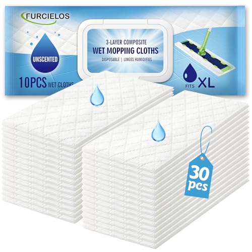 FURCIELOS 30 Count Heavy Duty Wet Mopping Cloths Refill Compatible with Swiffer Sweeper XL Mop Disposable Wet Pads Refill X-Large Size for Multi-Surface Floor Cleaning Unscented