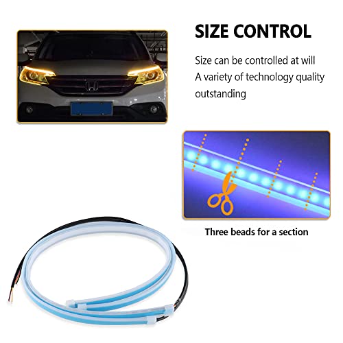 Image of 2PCS White-Amber Streamers LED Light Strip for Head Light Day Running Light /Turn Signal Bulbs, Cuttable & Waterproof, Universal 12V Exterior Car LED Light Truck SUV Decorations