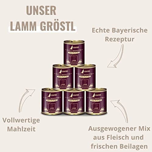 Escapure Adult Nassfutter Lamm 6 x 800g Dose - 86,5% pures Lammfleisch Hundefutter - Dosenfutter Lamm ohne Zusatzstoffe - Ergänzungsfuttermittel für ausgewachsene Hunde frei von Getreide