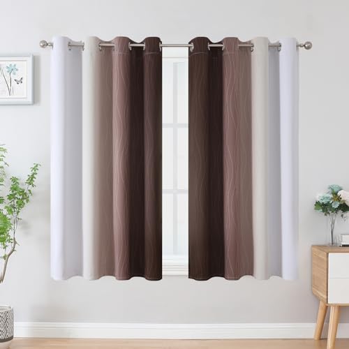 Estelar Textiler Brown and Greyish White Blackout Curtains 45 Inch Length, Full Light Blocking Gradient Drapes for Kitchen, Thermal Insulated Grommet Ombre Curtains for Bathroom,52Wx45L,2 Panels