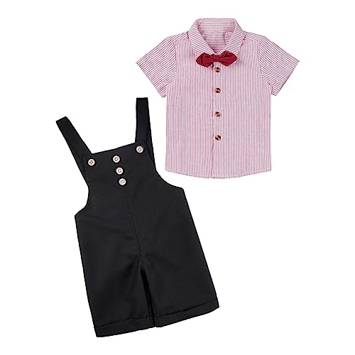 Yeahdor Toddler Boys Gentleman Clothes Suit Short Sleeve Bowtie Shirts Suspender Pants for Wedding Party Black&Pink 12-18 Months