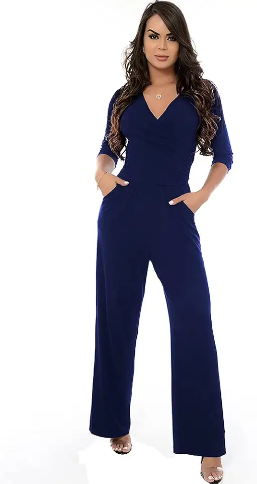 Macacão Pantalona Decote Transpassado B’Bonnie Florence Azul Marinho