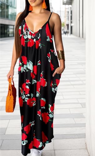 Image of Women's Casual Summer Maxi Dresses Sleeveless Adjustable Spaghetti Strap Loose Plus Size Dresses