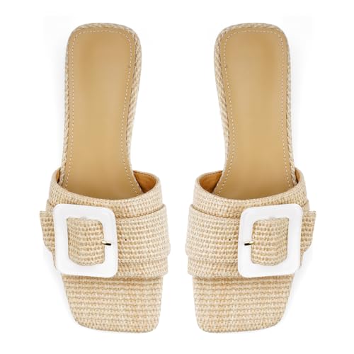 Image of Women's Slide Heeled Sandals Opened Square Toe Chunky Block Heel Slippers with Buckle Slip on Casual Comfortable Pumps