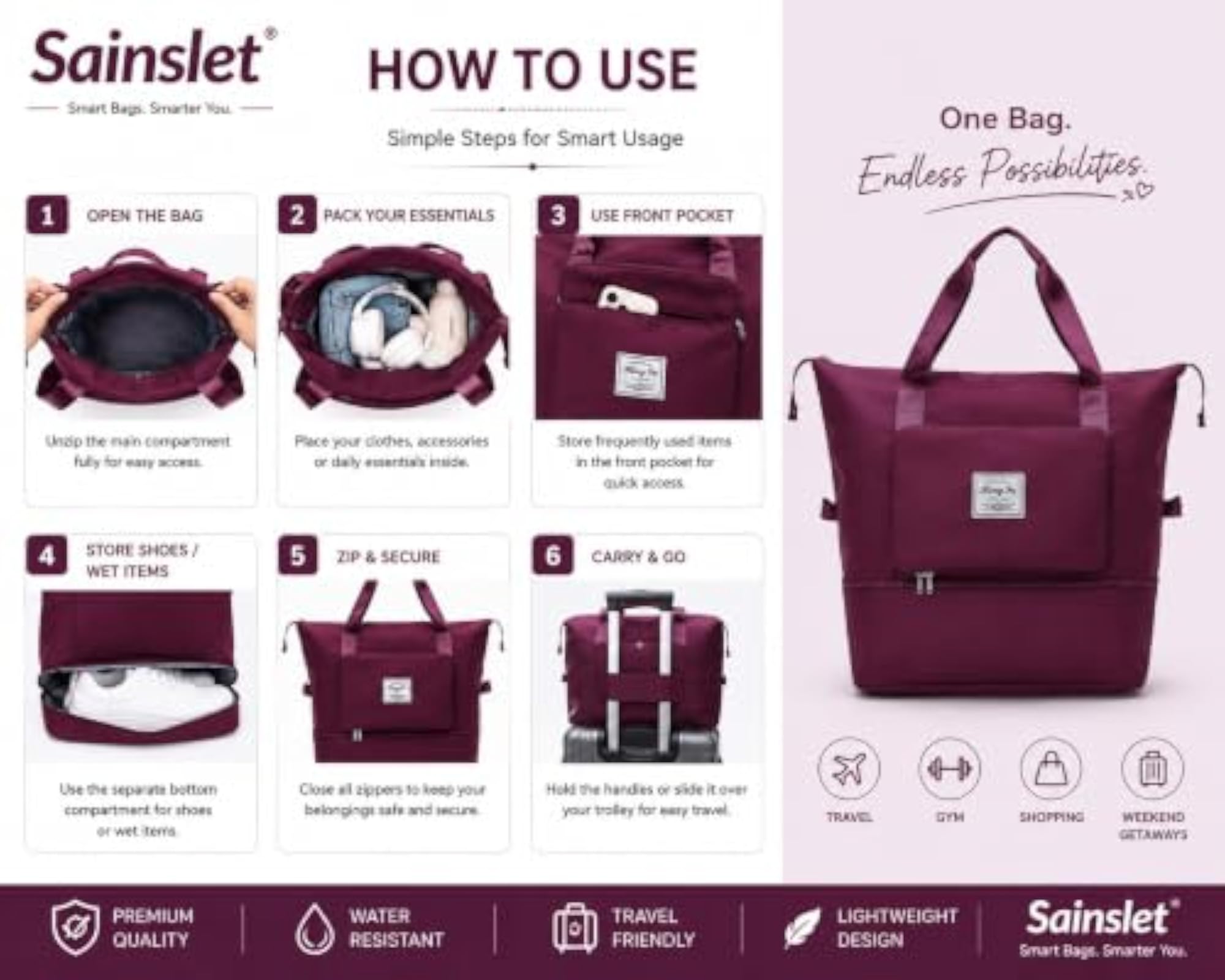 Large Capacity Foldable Travel Tote Bag with Dry Wet Separation