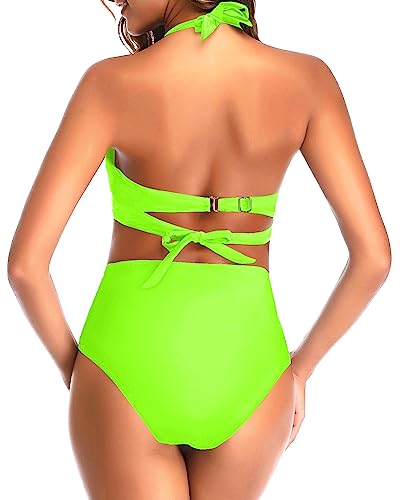 Tempt Me Women's Vintage Swimsuits Neon Green Retro Halter Ruched High Waist Bikini With Bottom S #TOP4