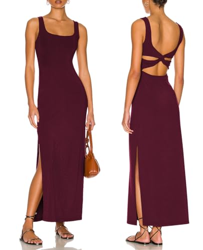 Image of ALENDA DANMOS Women Backless Maxi Dress High Sides Slit Bodycon Tank Dress Twist Low Back Casual Sundress 122