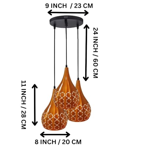 Image of GreyWings 3 Light Hanging Light for Home, Orange Aluminium Pendant Light with E27 Holder | Designer Ceiling Hanging Lamp for,Bulb Not Included, Cluster Set