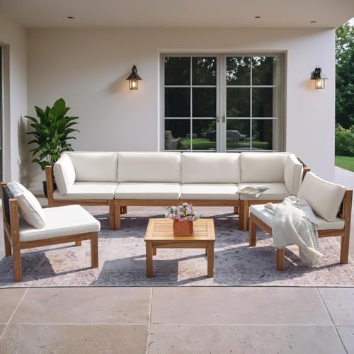 Greesum 7 Pieces Small Patio Sofa, Acacia Wood Frame, Padded Patio Conversation and Chairs Set for Garden, Backyard, Poolside, Beige