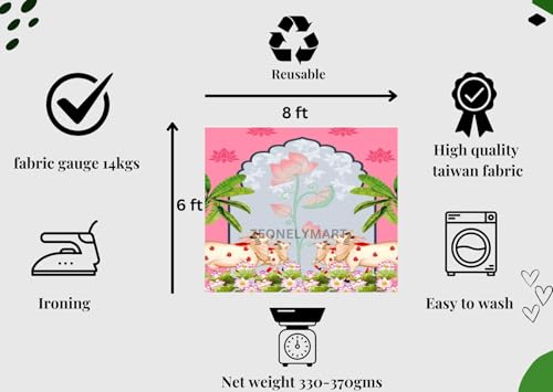 Image of varalakshmi Background Decorations | Background Decoration Cloth |pichwai Backdrop Cloth for Decoration (Pink Lotus 4 Cows Backdrop) Pink,Sky Blue Colour (8FT-6 FT)