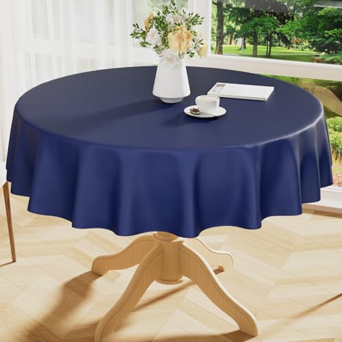 Image of Smiry Round Table Cloth 60 Inch, Waterproof Wipeable Vinyl Tablecloths Protector, Oil Spill Proof Plastic Table Cover for Dining, Picnic, Camping, Outdoor, Navy