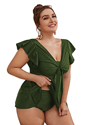 MakeMeChic Women's Plus Size Tankini Swimsuit Ruffle Sleeve Two Piece Bathing Suit