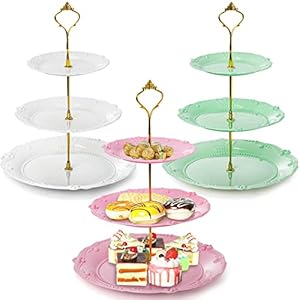 Fasmov 3 Pack 3 Tier Plastic Cupcake Stand, Dessert Plates Cake Fruit Candy Display Tower Reusable Pastry Platter for Wedding Birthday Baby Shower Tea Party Decorations – White, Pink Green
