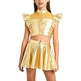 Rswnyirn Niñas Crop Top sin vientre con mangas de volantes Minifalda corta falda de baile patinador niños danza espectáculo escenario ropa, dorado, 122-128