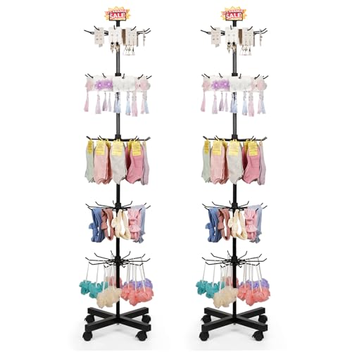 Image of 5 Tier Retail Display Stand Store Display Rack, Black, 2pcs | Metal Spinning Display Stand Rack with Wheels Keychain Jewelry Stocking Hat Display Stand with Hooks for Malls, Retail Store