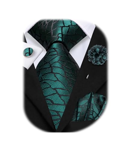 Image of Hi-Tie Men Silk Ties Set with Flower Lapel Pin Necktie Pocket Square Cufflinks for Tuxedo Wedding Business
