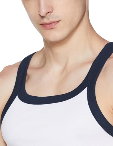 Image of Jockey US27 Men's Super Combed Cotton Rib Square Neck Gym Vest (Shoulder Strap Color May Vary) White & Navy M