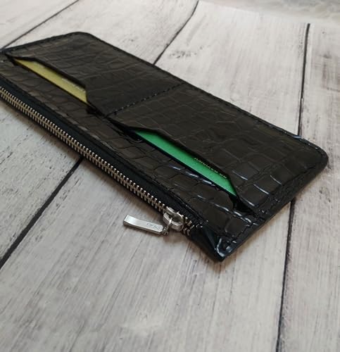 Unique Patent Slim Leather Wallet for women | Crocodile wallet | Gift For Her | Handmade wallet (Black)4