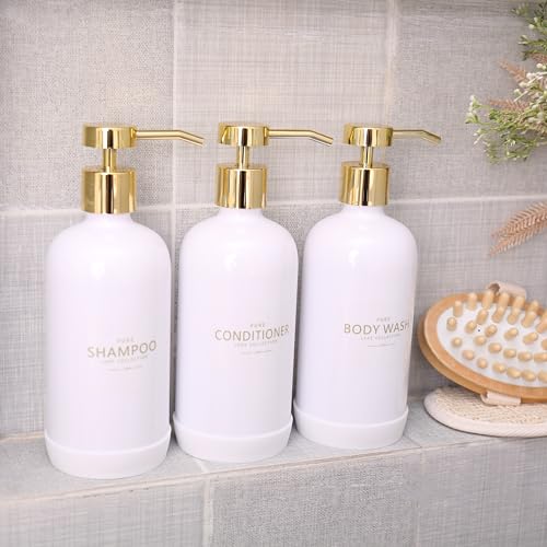 Janxin Lot de 3 distributeurs de shampooing et d'après-shampoing Rechargeables de 621 ML avec Patin de Protection antidérapant en Silicone, Blanc, étiquettes étanches incluses (français Non Garanti) – vue 6