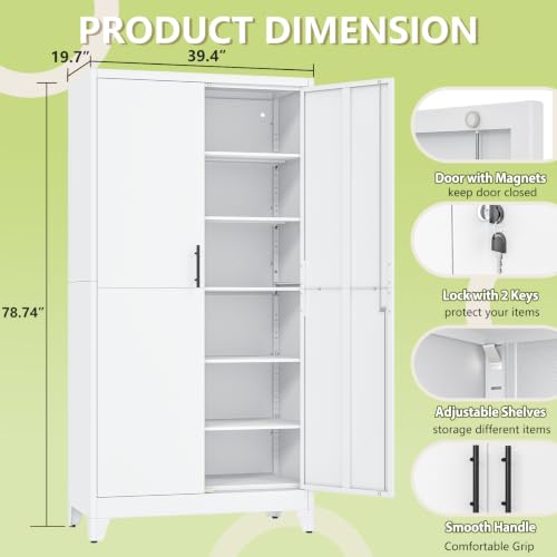 Image of White Kitchen Pantry Cabinets,79 Metal Lockable Storage for Office