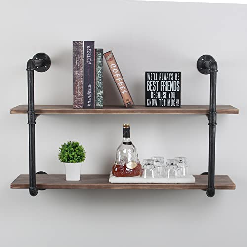 MBQQ Industrial Pipe Shelving Wall Mounted,36in Rustic Metal Floating Shelves,Steampunk Real Wood Book Shelves,Wall Shelf Unit Bookshelf Hanging Wall Shelves,Farmhouse Kitchen Bar Shelving(2 Tier)