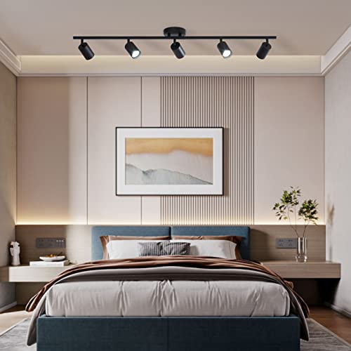 Image of KCO Lighting 5 Light LED Track Lighting Adjustable 5 Way Ceiling Mount Spotlights Matte Black for Kitchen Gallery Dining Room (5-Light)