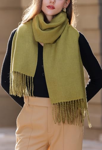 Wander Agio Womens Thick Blanket Scarf Long Shawl Large Scarves Cashmere Feel Double-side Pure Shiny Candy Color Wasabi Green 174