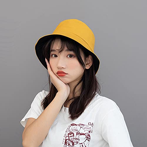 Simple Casual Bucket Hat Double-Sided Wear Outdoor Cap Summer Travel Solid Color Beach Sun Hat Unisex Couple Hat (Black+Yellow) #TOP3