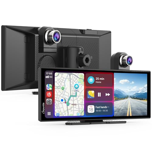 Carpuride Tragbares Kabelloses Carplay und Android Auto mit Dashcam-W125A 11,26-Zoll-HD-IPS-Bildschirm, 4K-Frontkamera + 1080P-Rückkamera, Loop-Aufnahme, Bluetooth-Audio, GPS, Siri, Musik