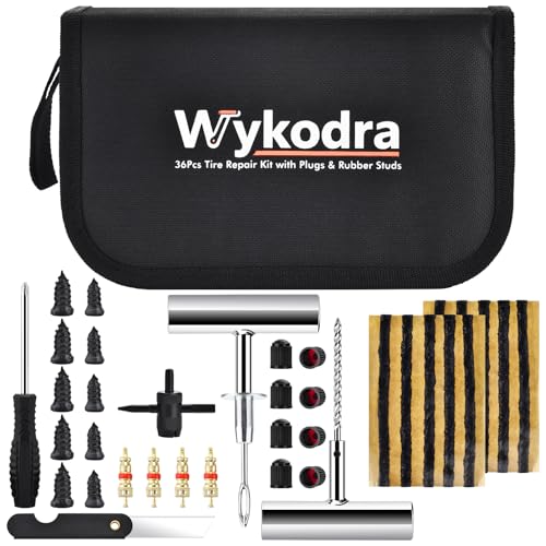Wykodra 36PCS Tire Repair Kit Dual Repair String Plugs & Rubber Screw Nails with T-Handle Tool & Screwdriver Heavy Duty Emergency Flat Tire Fix for Car Truck Motorcycle Tractor Mower Wheelbarrow