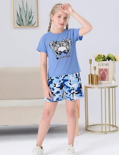 Image of mksodopy Girls Summer Clothse Graphic Print Front and Back High and Low Irregular T-shirt Cycling Shorts Set