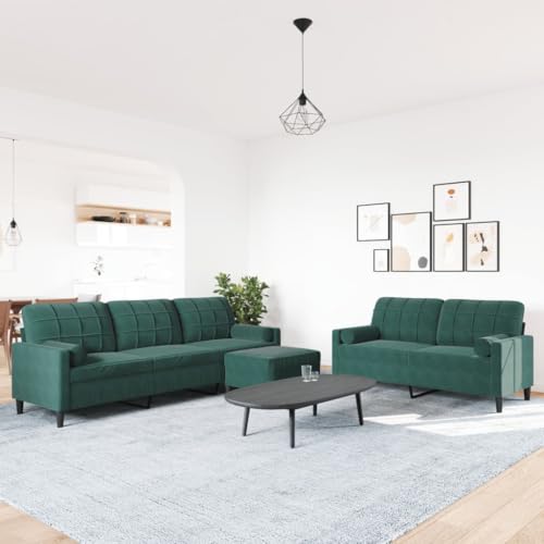 Gecheer 3-TLG. Sofagarnitur Sessel Couch Sofa Wohnzimmersofa Couchgarnitur Designsofa Sitzmöbel Polstermöbel mit Kissen und Nackenrollen Dunkelgrün Samt – Bild 4