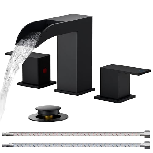 FORIOUS Matte Black Bathroom Faucets 3 Hole, 8 Inch Widespread Square Waterfall Bathroom Sink Faucet...
