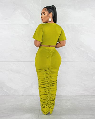 Image of YUEWOO 2 Piece Outfits for Women Sexy Crop Top Ruched Bodycon Maxi Dresses Fringe Skirt Sets Night Club Jumpsuits