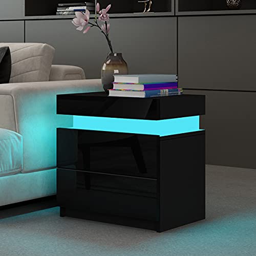 Senvoziii Table de Chevet avec Lumière LED, Table de Nuit Moderne avec 2 tiroirs, Onvient pour Chambre à Coucher, Intérieur, Salon (Noir Brillant - 45 x 35 x 52 cm)