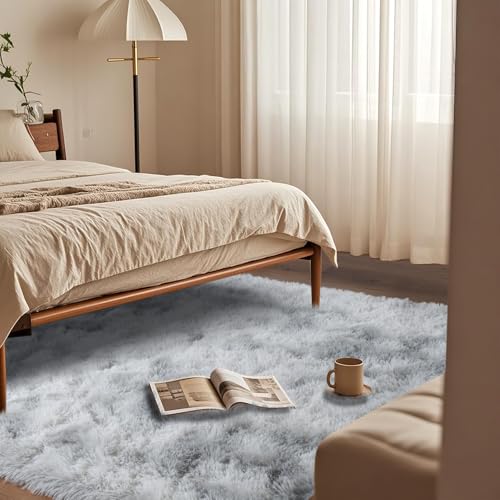 Tie-Dyed Grey Rugs for Bedroom 6x9 ft - Ultra Soft Faux Fur Area Rug - Plush Non-Slip Shaggy Carpet for Living Room, Cozy Fluffy Rug for Kids Boys Girls Dorm Nursery Room, High Pile Floor Carpet