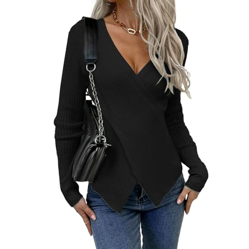 Suéter de Cuello en V para Mujer, Estilo Casual, Corte Cropped, Estilo Cruzado, Color Negro, Talla Grande.