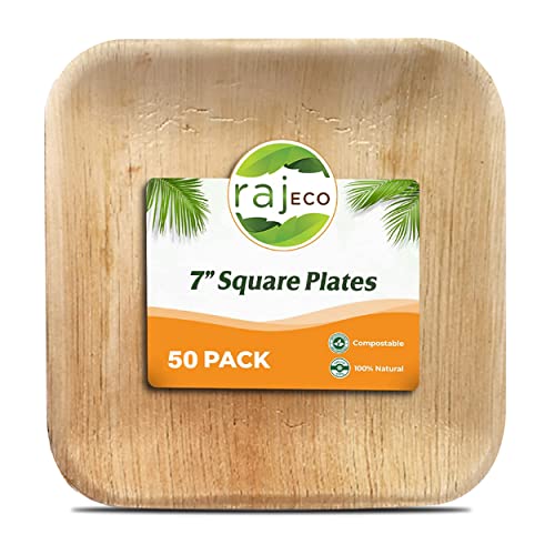 Raj Palm Leaf Plates [50-Pack] 7" Square Plates Like Bamboo Plates Disposable, Strong, Decorative Compostable Tableware For Wedding, Lunch, Dinner, Birthday, Camping, Outdoor Bbq, Picnic #TOP9