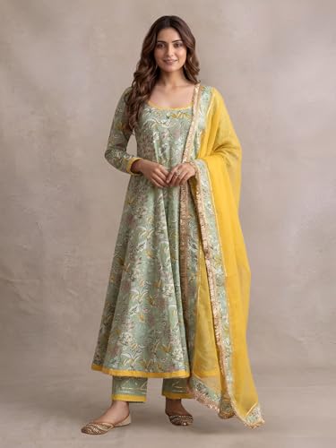 Image of Leriya Fashion Women's Rayon Printed Anarkali Kurta and Pant with Dupatta Set | 3-Piece Printed Anarkali Kurti Set | Ethnic Festive & Office Wear Suit for Women | Elegant Suit Set for Woman