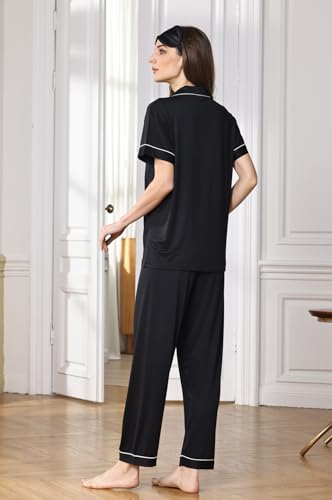 Image of WJing Yi Jia Womens Soft Pajamas Set XS-XXL Button Down Sleepwear Short Sleeves Pajama sets with Long Pants Pj Set Nightwear
