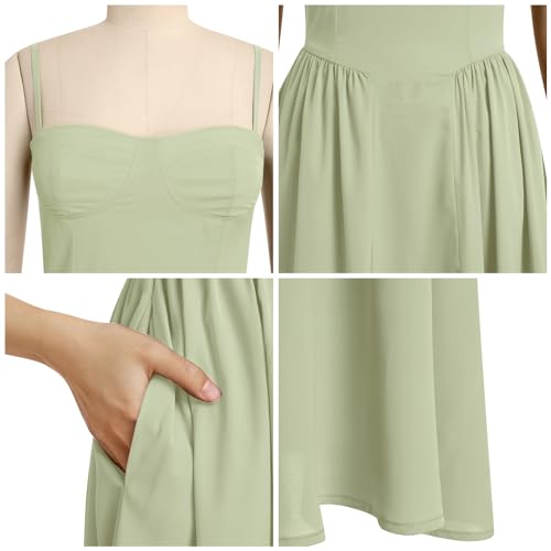 Image of ABEHIK Casual Dresses for Women Boho Spaghetti Strap Corset Midi Dress with Pockets Low Cut Flowy Pleated Bustier Sundress