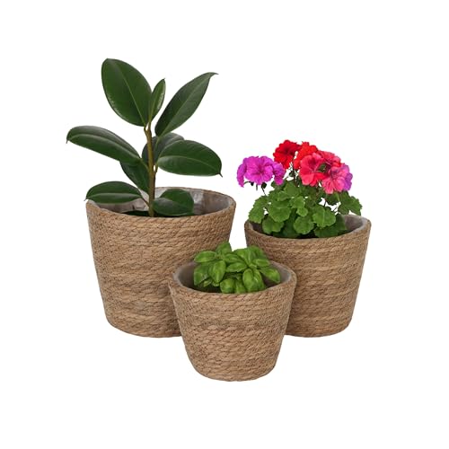 Relaxdays Blumentopf, 3er Set, Schilf, Pflanzentöpfe mit Folie, 3...