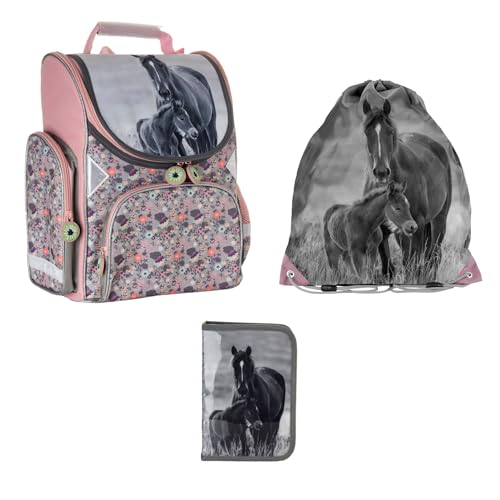 Paso skolväska set 3 delar. - Med gymnastikpåse och fylld pennväska, hästar, 3