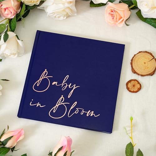 Image of Calculs Baby in Bloom Baby Shower Guest Book, Navy Blue | 8.5-inch square hardcover keepsake book, 32 blank sheets for messages and instant photos, pen included