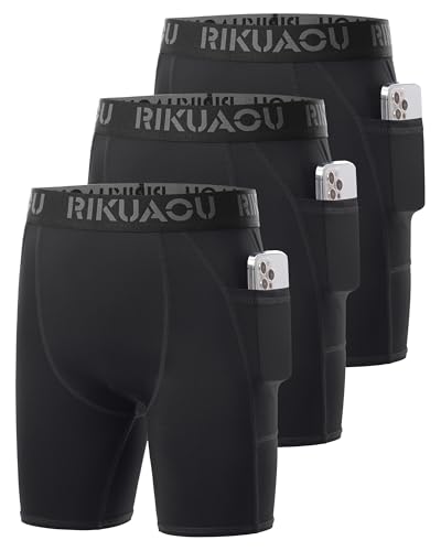 RIKUAOU Youth Boys Compression Shorts with Side Pockets, Kids Athletic Base Layers Running Underwear for Baseball Football