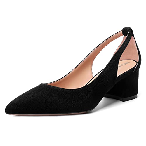 MOVINSTEPS Womens Block Dress Slip On Suede Thick Pointed Toe Cut Out Office Solid Chunky Low Heel Pumps Shoes 2 Inch